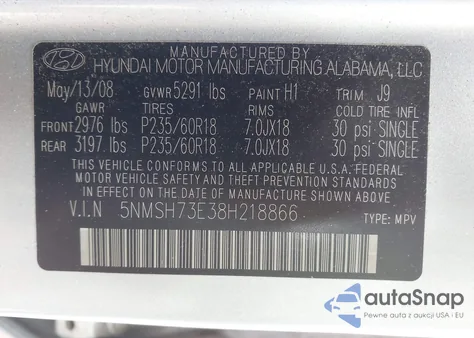 2008 Hyundai Santa Fe Se/Limited из США, поврежденный, VIN 5NMSH73E38H218866